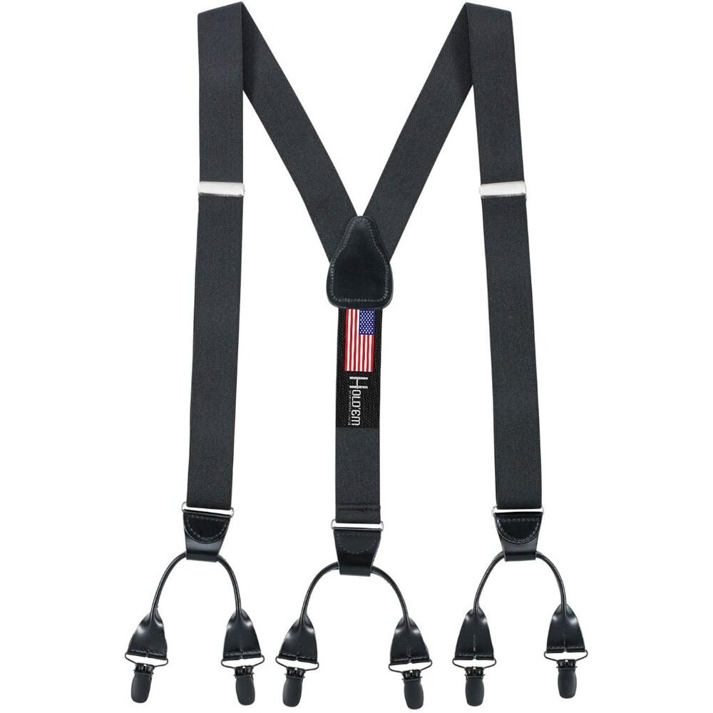Hold'Em Men Elastic Double-Hold Button Look Suspenders No Slip Pin Clip - Black